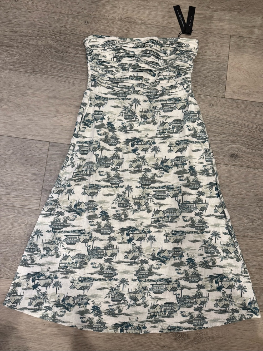 Tahari Strapless Toile-Print Linen Dress in Cream and Green